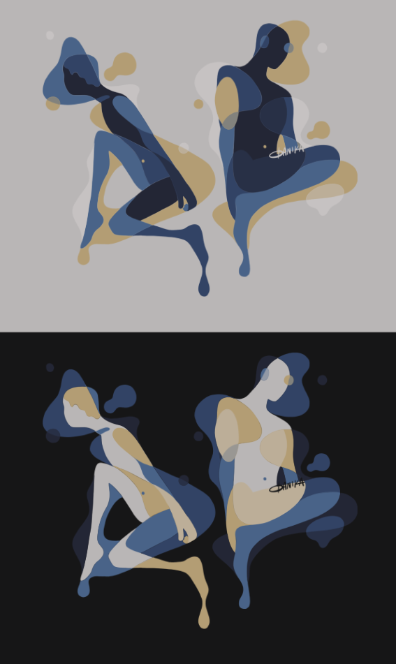 Four abstract figures in contrasting palettes.