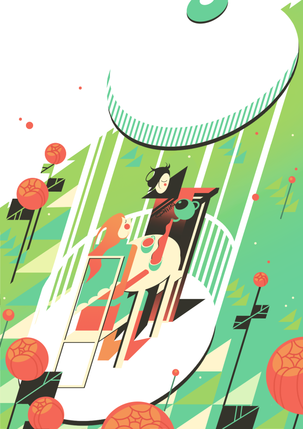 Two abstract figures drinking tea in a gazebo.