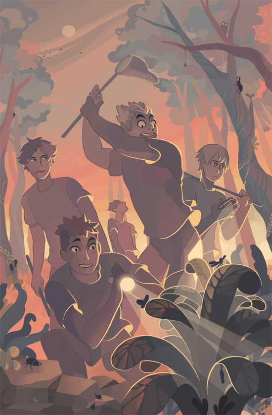 A group of boys catching bugs at sunset.