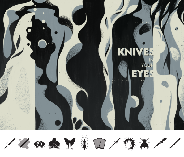 Eight abstract figures in a muted blue palette, and twelve assorted icons.