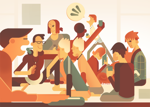 A group of people chatting.