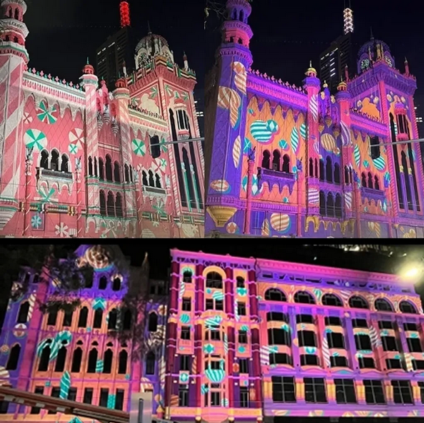 Christmas themed light projections on the front of Flinder's Street buildings.